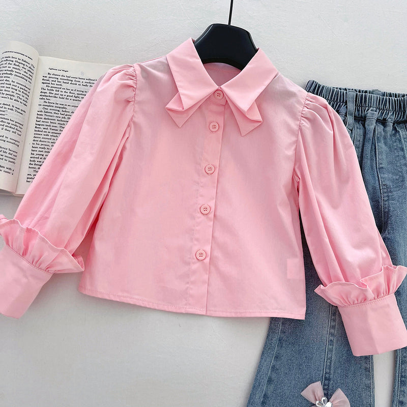 Girls' Solid Color Bow-knitted Vest Lapel Shirt and Jeans Three-piece Suit