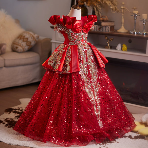 Girls Red Christmas Dress Children's Prom Dress Flower Girl Dress