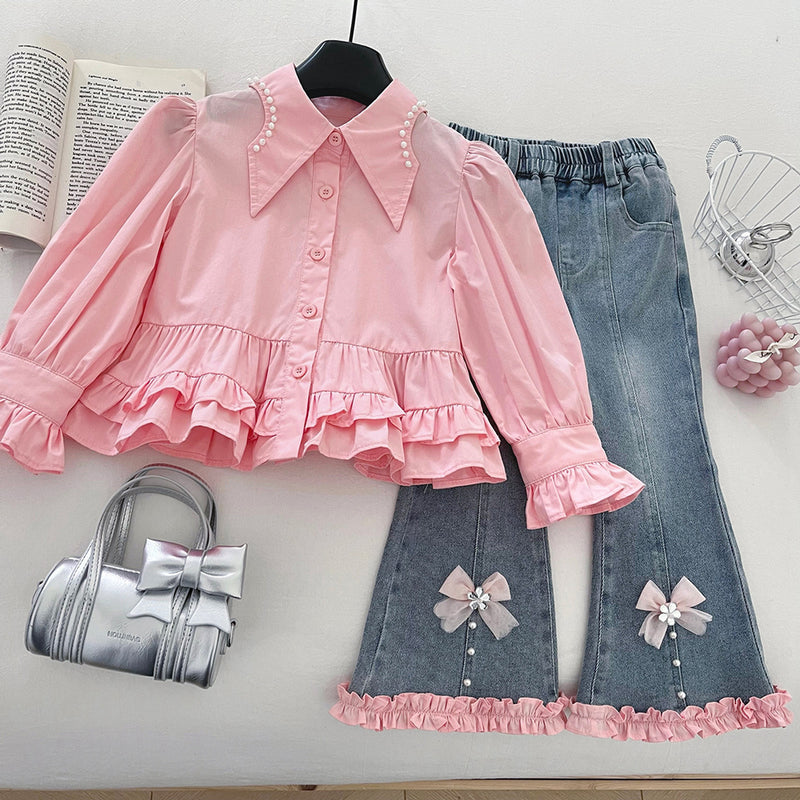 Girls' 3D Bow Knitted Vest Shirt and Jeans Three-Piece Set