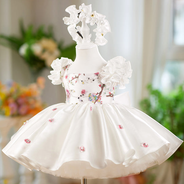 Girls White Birthday Satin Dress Flower Girl Puffy Princess Dress