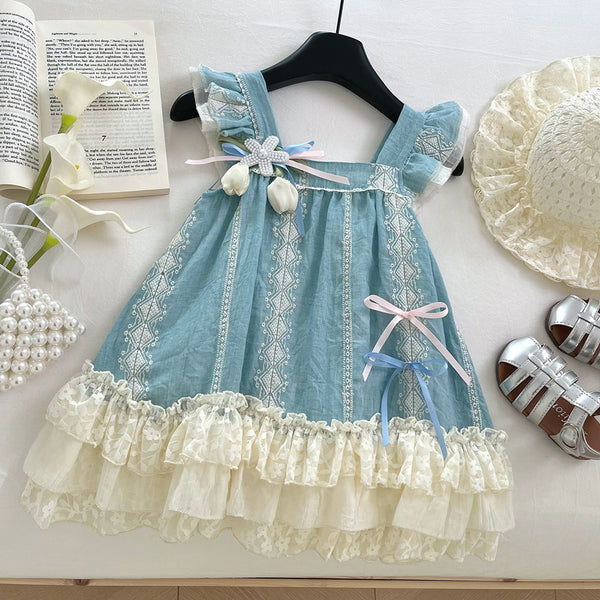 Girls Flying Sleeves Square Neck Lace Bow Princess Dress