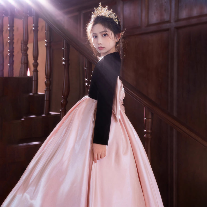 Girls Prom Dresses Children's Long Sleeve Satin Birthday Princess Dress