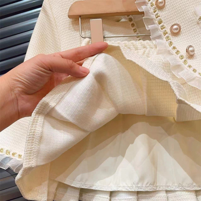 Girls' Mesh Spliced Jacket and Pleated Skirt Two-Piece Set
