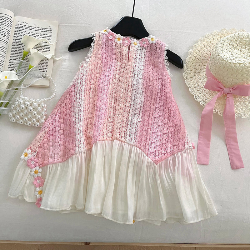 Girls' Sleeveless Summer New Hollow Flower Splicing Princess Dress