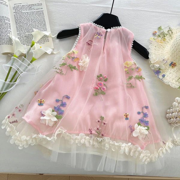 Girls Summer Sleeveless Lace Mesh Embroidered Flower Dress