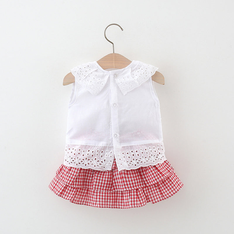 Girls White Hollow Top Plaid Cake Skirt Two-piece Set