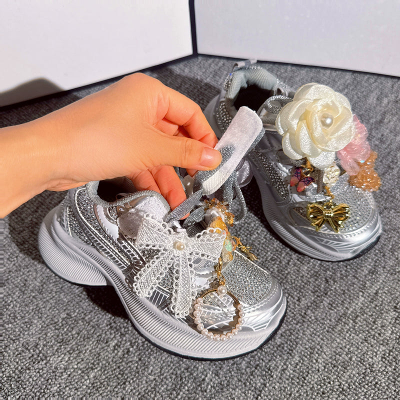 Girls' New Heavy-duty Flower Silver Sports Shoes
