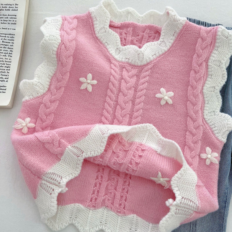 Girls' Shirt Knitted Vest and Flared Jeans Three-Piece Set