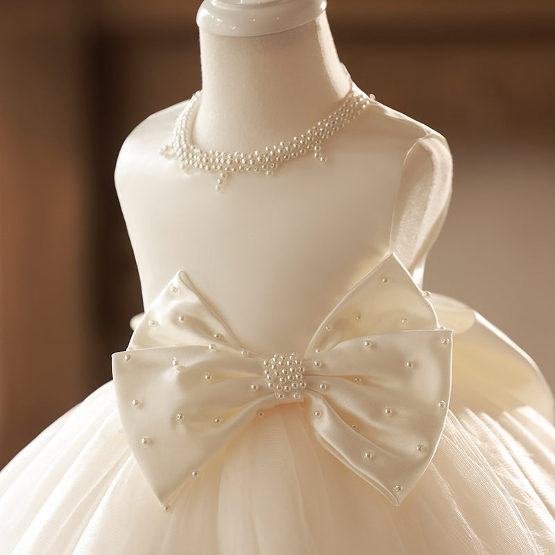 Flower Girl Dress Toddler Sleeveless Pageant Neckline Bow with Pearls Princess Dress