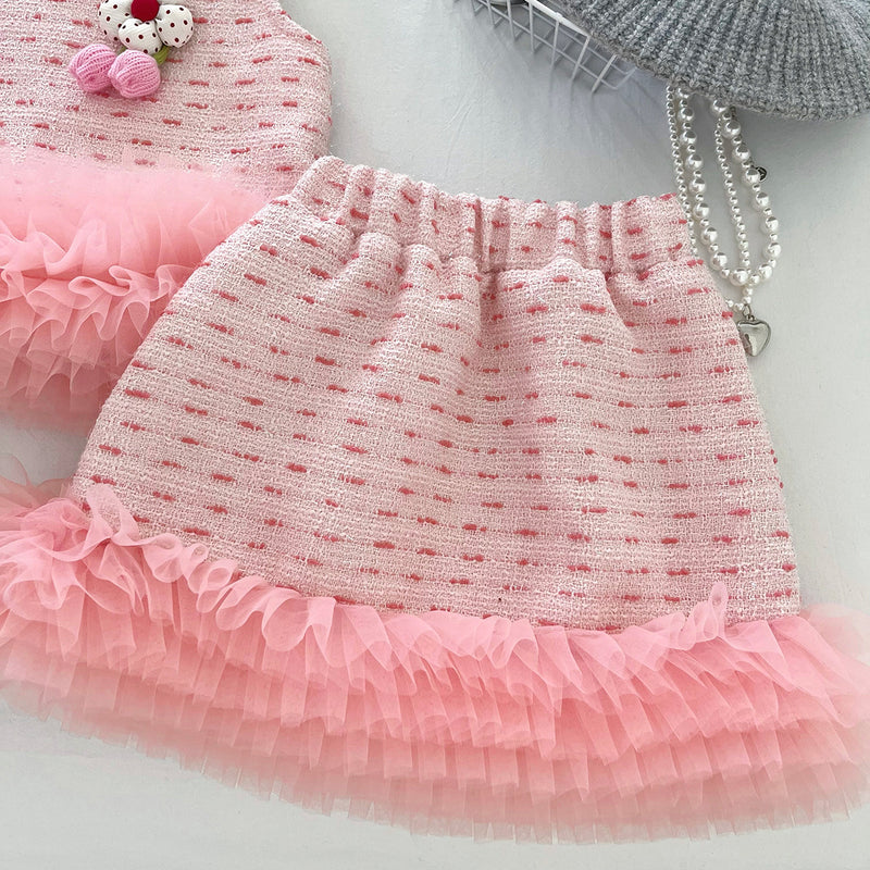 Girls' 3D Floral Mesh Lace Vest Skirt Two-piece Set