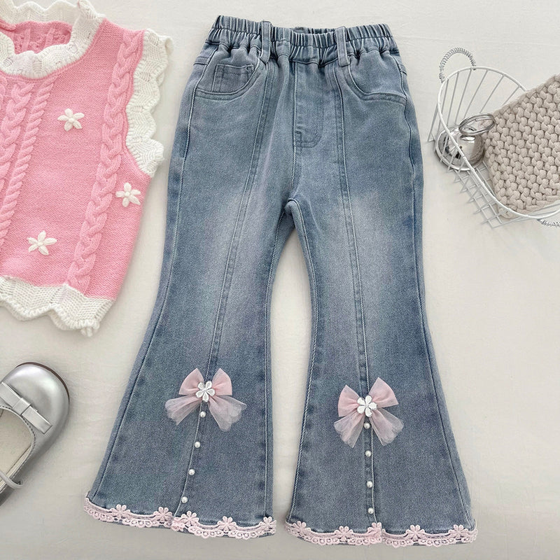 Girls' Shirt Knitted Vest and Flared Jeans Three-Piece Set