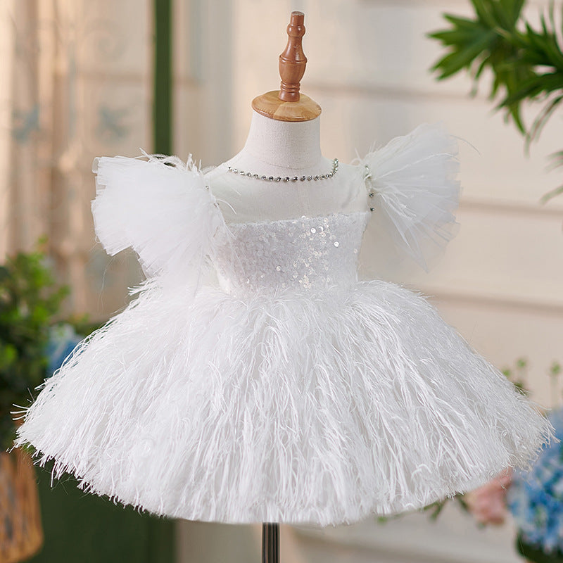 Baby Girl Formal Feather Dress Girl White Fluffy Prom Communion Princess Dress