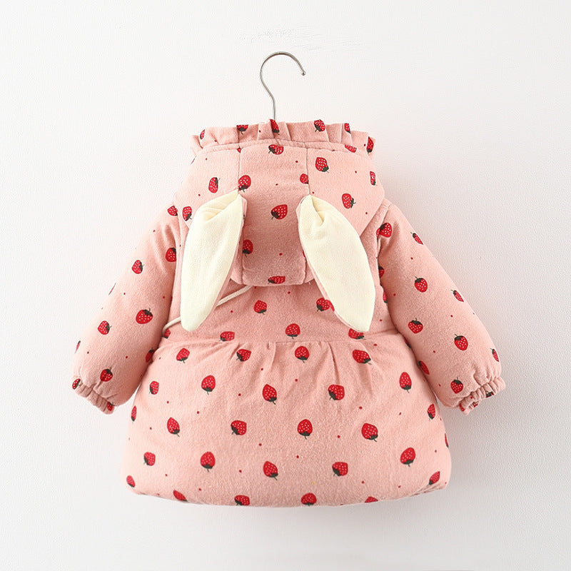 Girls' Winter Printed Bunny Ear Cotton Coat