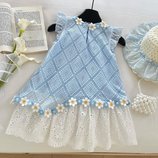 Girls Cute Lace Stitching Flying Sleeves Princess Dress