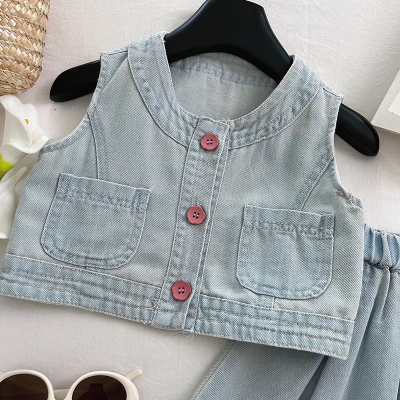 Girls Summer Thin Soft Denim Vest Skirt Two-piece Set