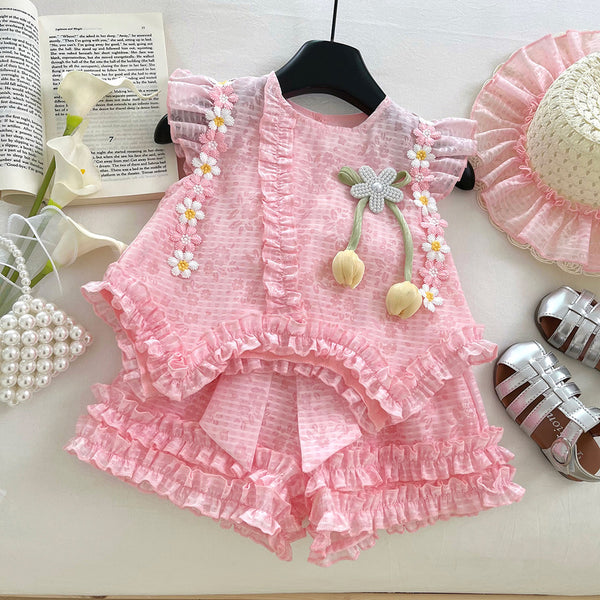 Summer Girls New Flying Sleeves Bow Shirt Lace Shorts Two-piece Suit