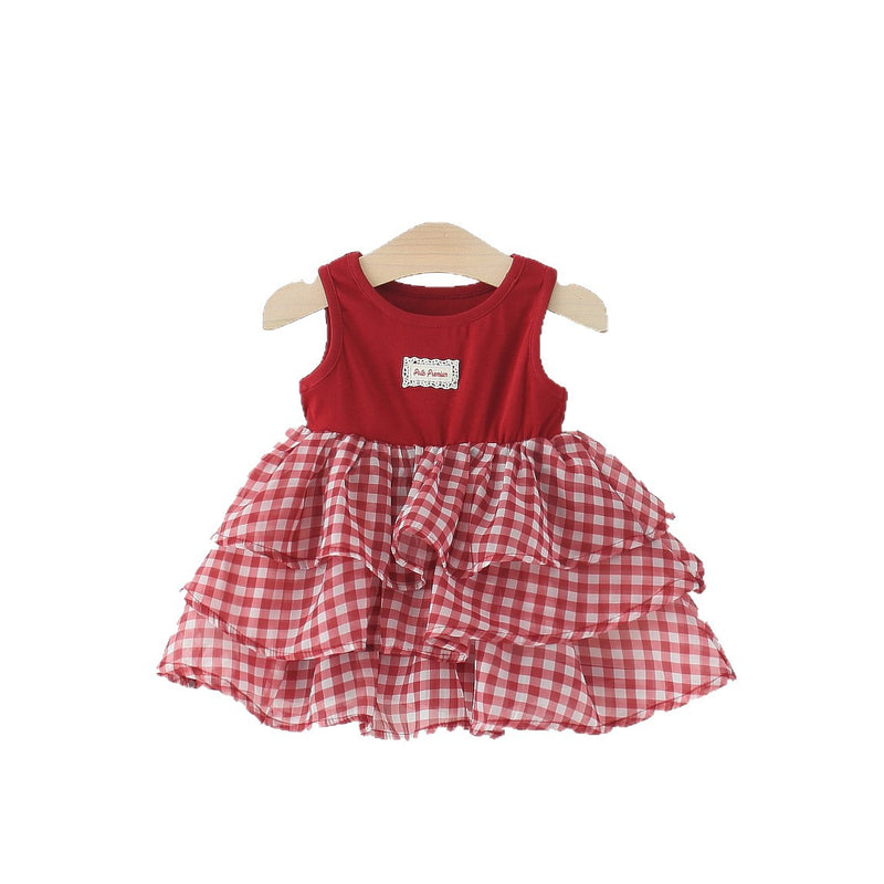 Girls' Plaid Patchwork Vest Princess Dress
