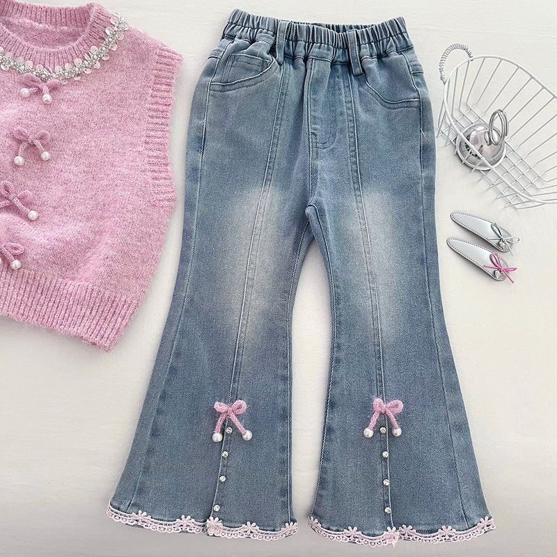 Girls' Sweater Vest Shirt Flared Jeans Three-piece Suit