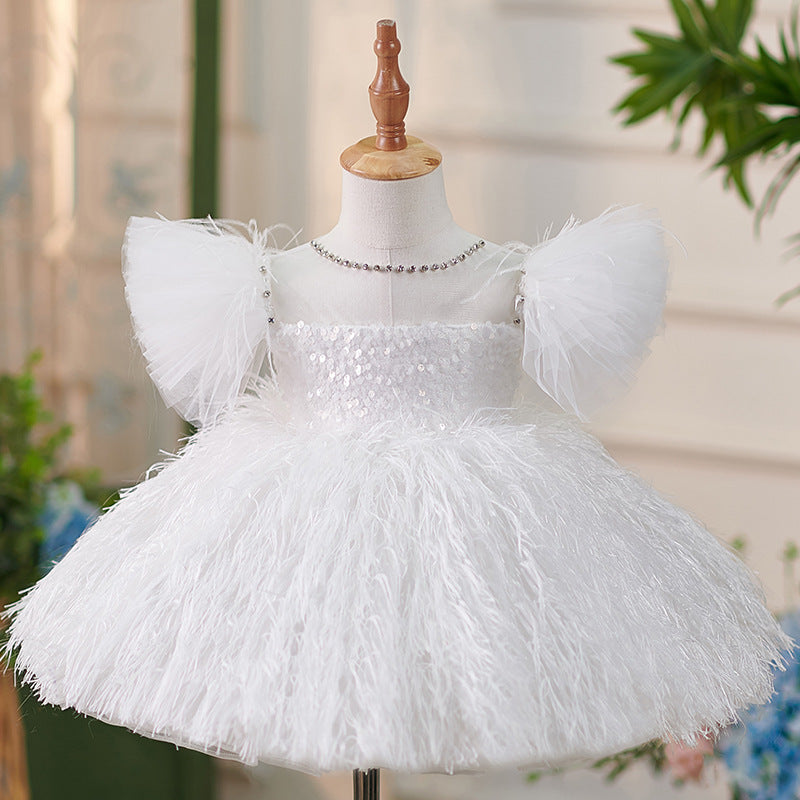 Baby Girl Formal Feather Dress Girl White Fluffy Prom Communion Princess Dress