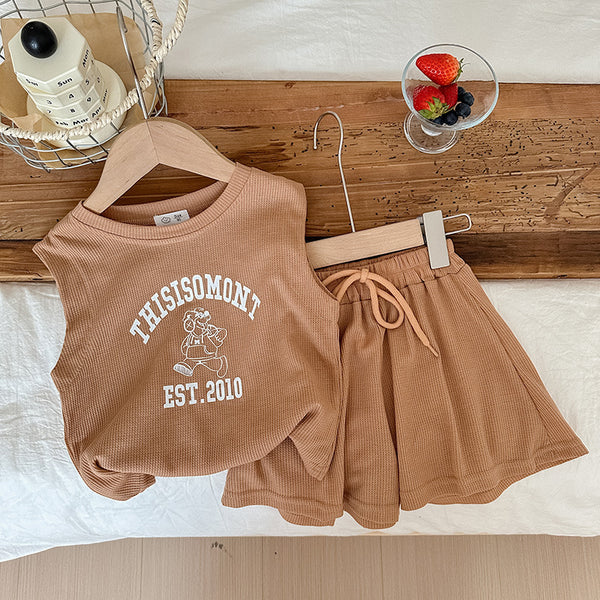 Girls Sleeveless Letter Printed Casual Waffle Two-Piece Suit