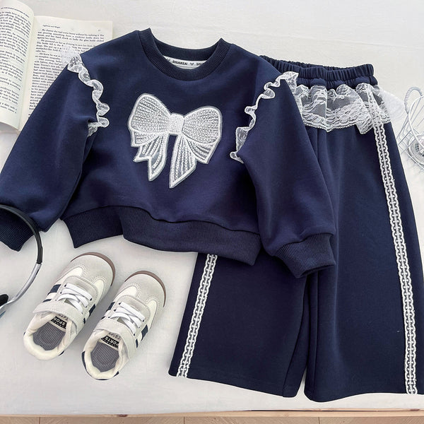 Girls' Round Neck Pullover Sweatshirt and Wide Leg Pants Two-piece Set