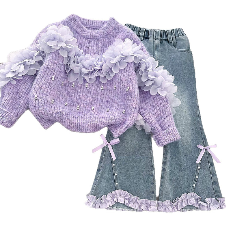 Girls' 3D Flower Beaded Sweater and Flared Jeans Two-Piece Set