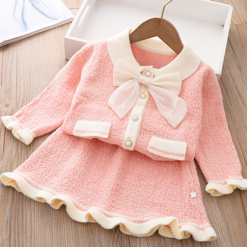 Cute Baby Girl Bow-knot Winter Dress Infant Knitted Sweater Two Piece Set Dress