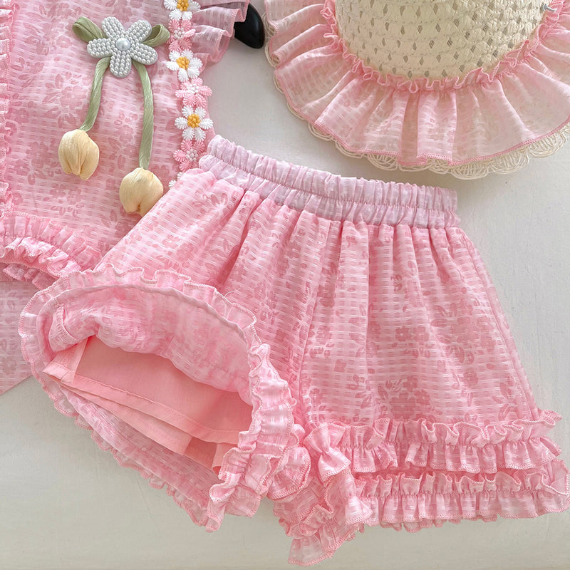 Summer Girls New Flying Sleeves Bow Shirt Lace Shorts Two-piece Suit