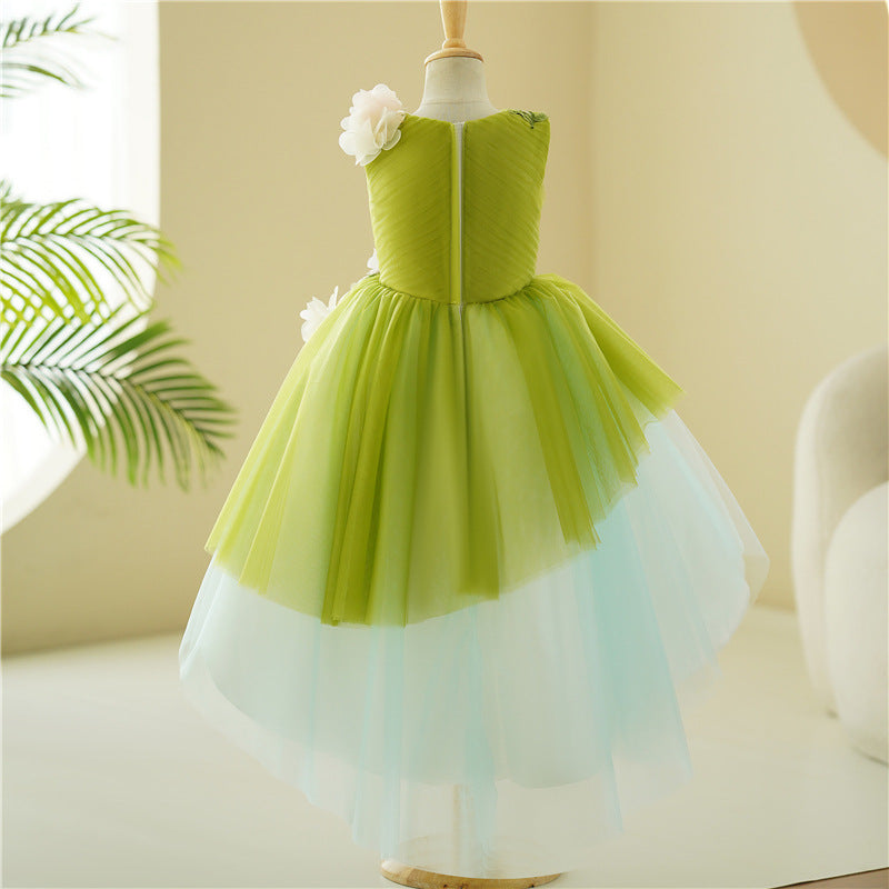 Summer Girls Flowers Green Sleeveless Mesh Princess Dress