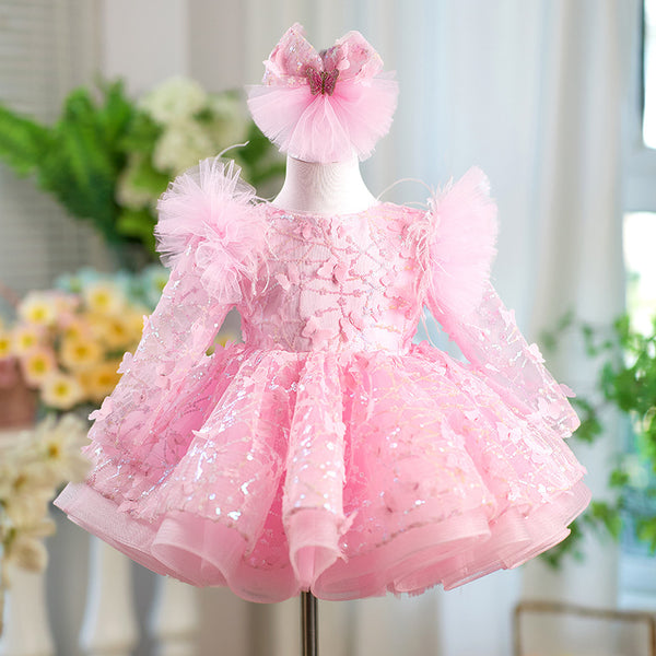 New Girls Pink Birthday Dress Flower Girl Cute Princess Dress