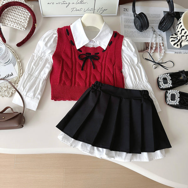 Girls' New Wool Vest Shirt and Skirt Three-piece Suit