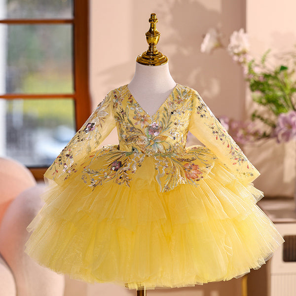 Children's Yellow Party Dress Girls Birthday Puffy Princess Dress