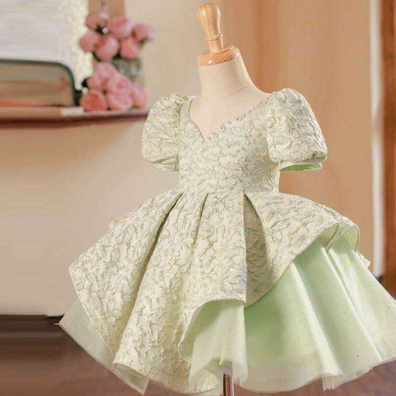 Cute Baby Girls V-neck Green Puffy Mesh Dresses  Toddler Birthday Party Dress
