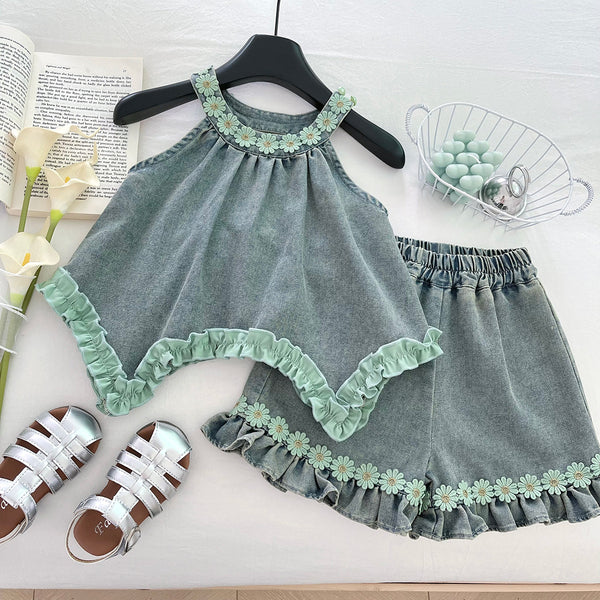 Girls Summer Lace Bowknot Backless Top Shorts Two-Piece Set