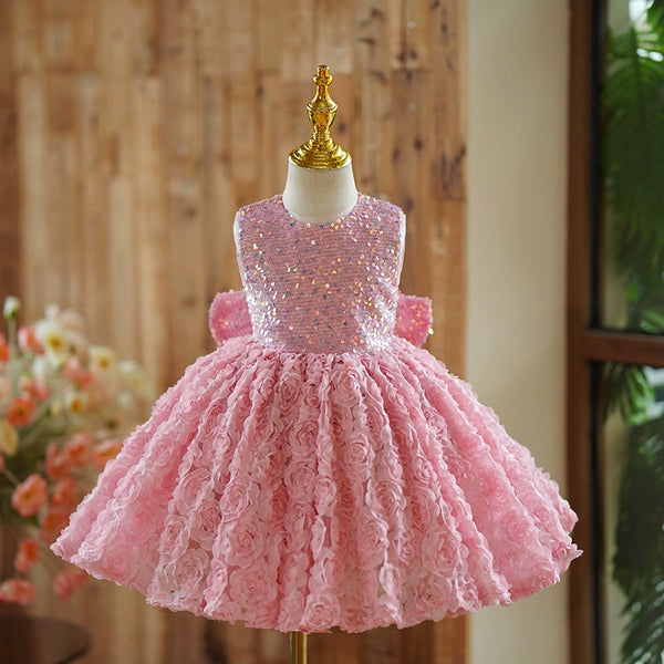 Cute Girls Rose Beauty Pageant  Puffy Dress Toddler Birthday Princess Dress