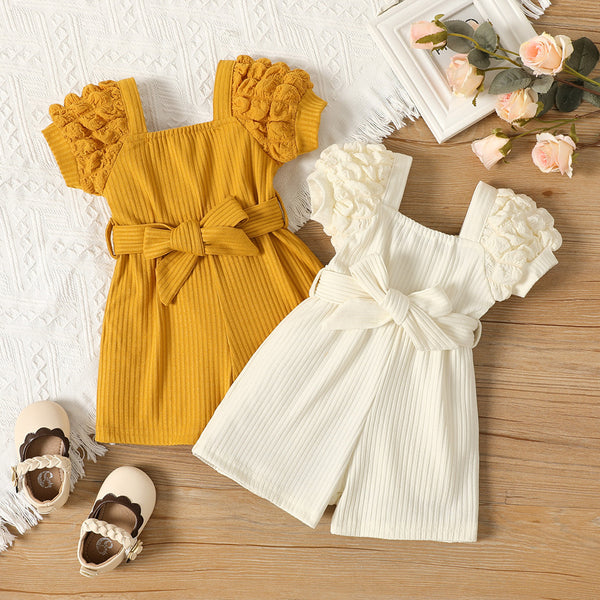 Baby Summer Square Neck Puff Sleeve Belt Jumpsuit Shorts
