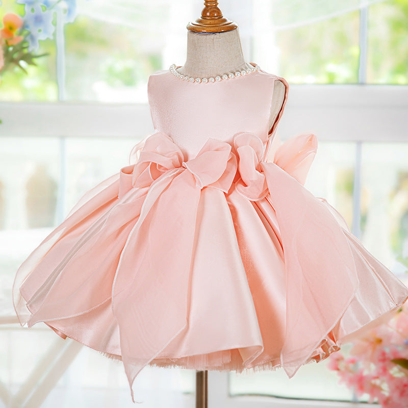 Elegant Baby Pink Sleeveless Bow Puff Dress Toddler Party Dresses