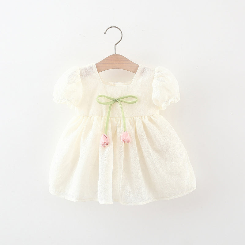 Summer Girls Solid Color Lace Tulip Bowknot Dress