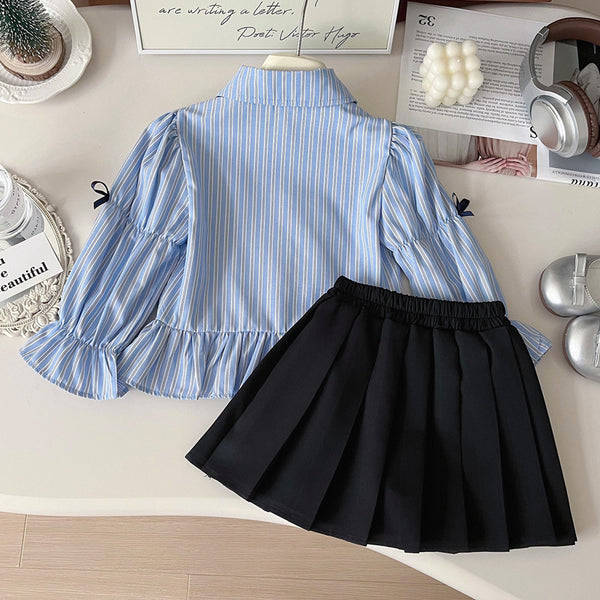 Girls' Autumn New Bow Striped Shirt Pleated Skirt Two-piece Suit