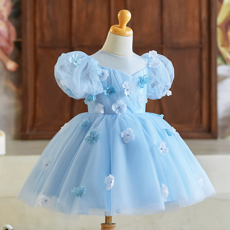 Blue Flower Girl Wedding Dress Girl Birthday Princess Dress