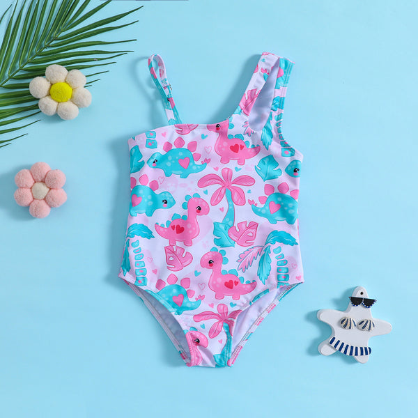 Cute Girls Floral One-shoulder Sling Swimsuit