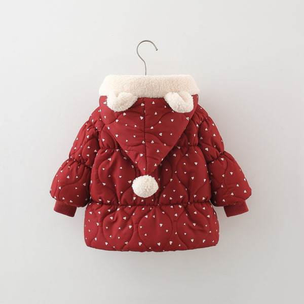 Winter Girls' Heart-shaped Hooded Cotton Coat