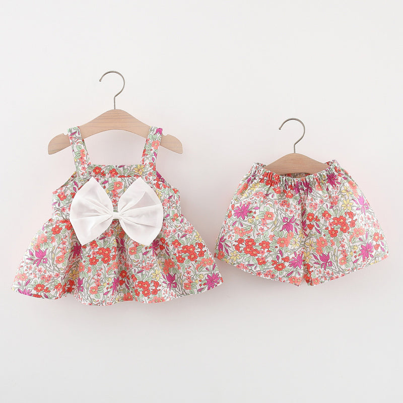 Girls Summer Suit Children's Suspender Shorts Floral Two-piece Suit