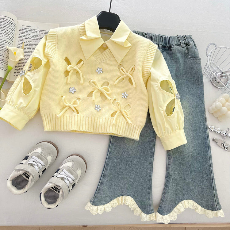 Girls' Autumn Shirt Knitted Vest Flared Pants Three-Piece Set