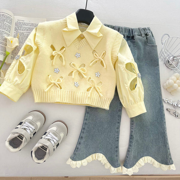 Girls' Autumn Shirt Knitted Vest Flared Pants Three-Piece Set