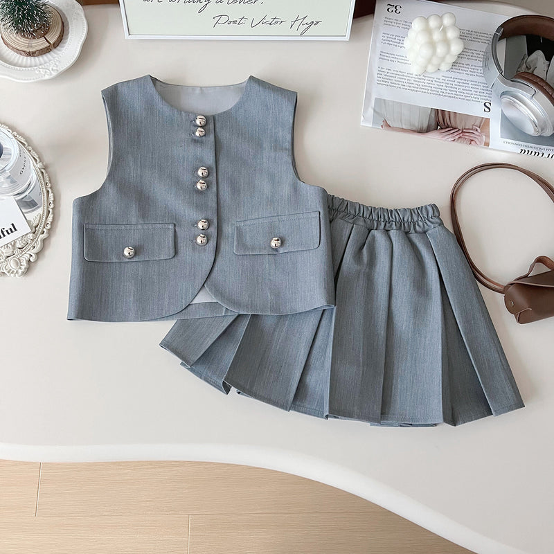 Girls' Cute New Vest Shirt Pleated Skirt Three-piece Set