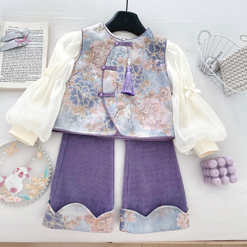 Girls' Autumn Vest Bottoming Shirt and Flared Pants Three-piece Set