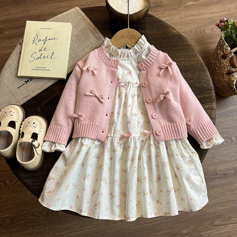 Girls Spring Suit Girls Sweater Cardigan Dress Two-piece Suit