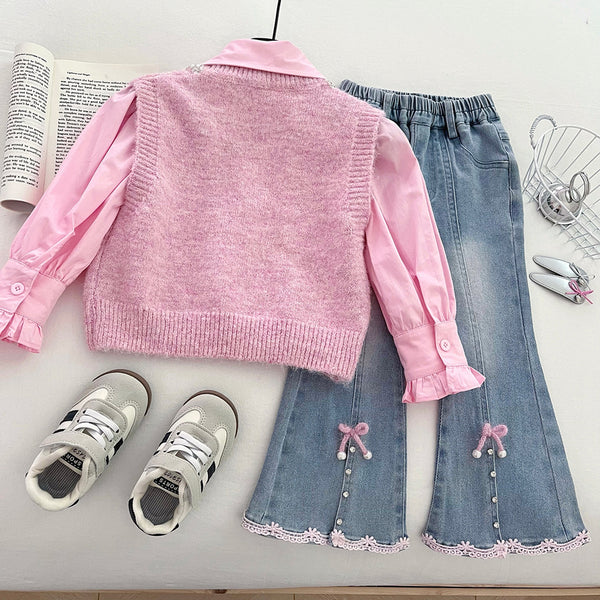 Girls' Sweater Vest Shirt Flared Jeans Three-piece Suit