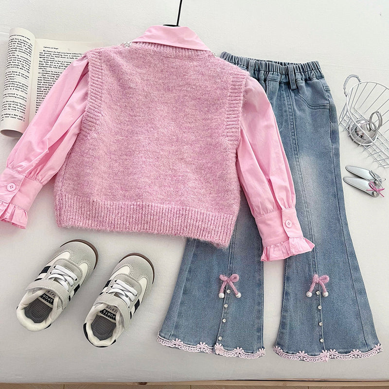 Girls' Sweater Vest Shirt Flared Jeans Three-piece Suit